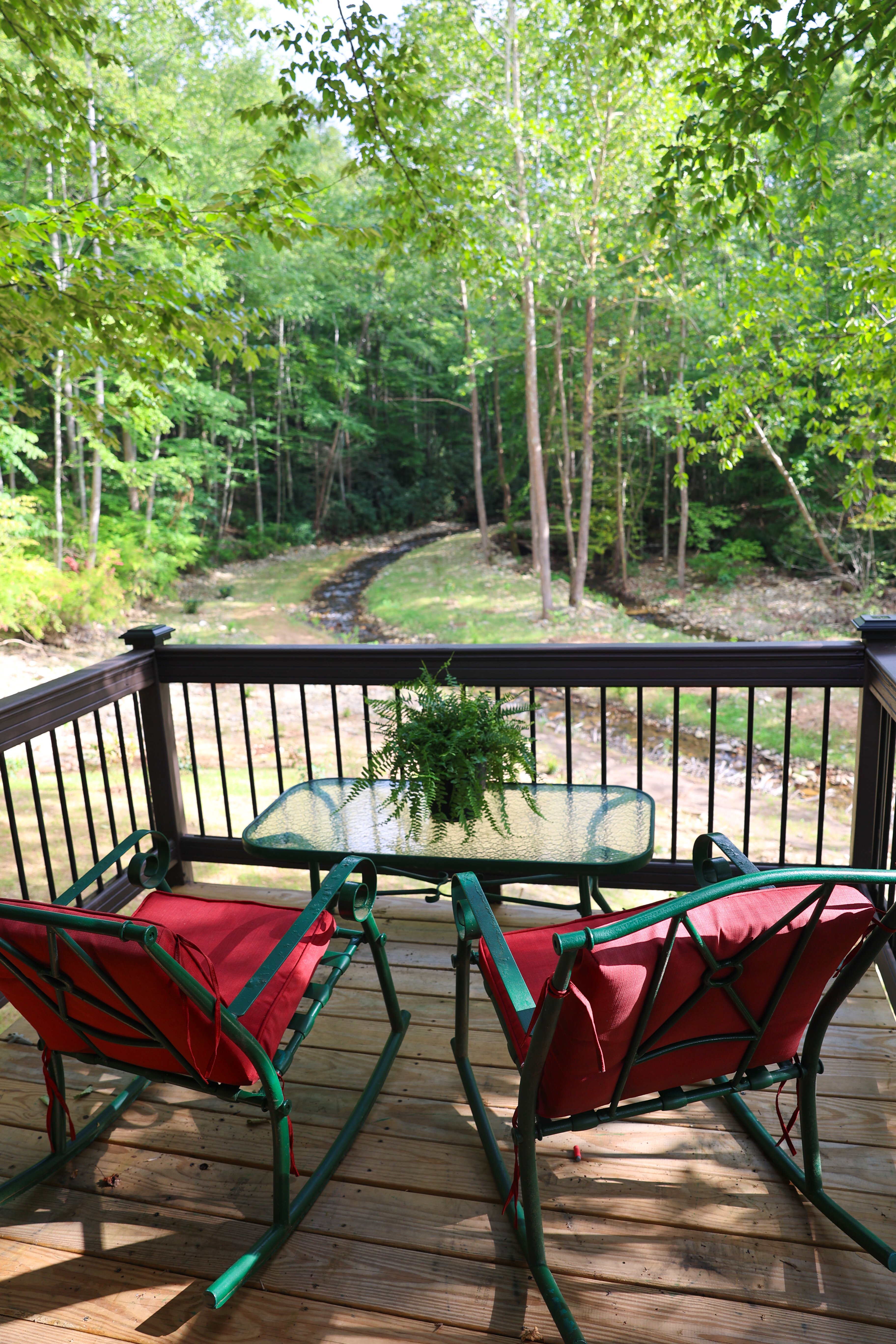 Deck seating with a tranquil creek view
